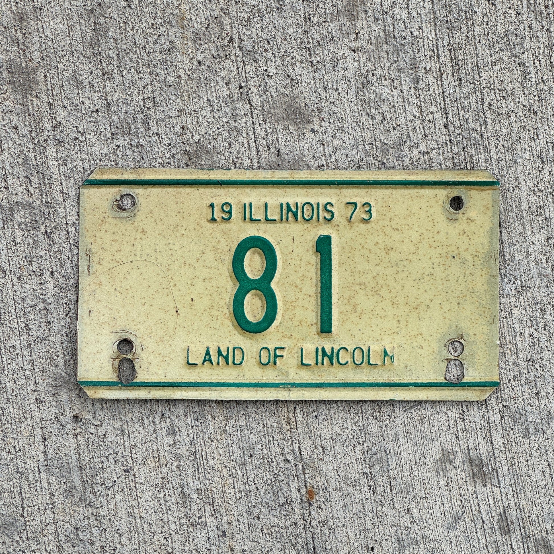 Photo of a 1973 Illinois Motorcycle License Plate Auto Tag Garage Decor Vintage Repeat Repeating 81 with original patina