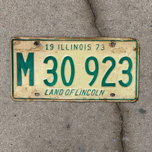 Photo of a 1973 Illinois Municipal License Plate Auto Tag 2 Vintage Garage M 30 923 with original patina