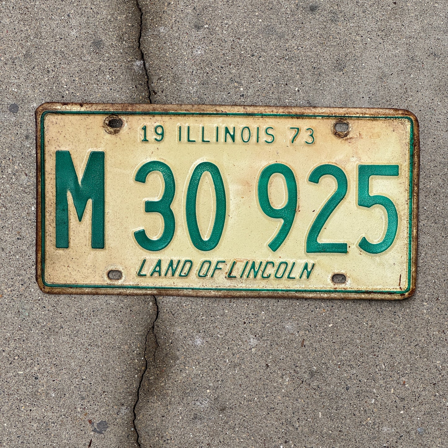 Photo of a 1973 Illinois Municipal License Plate Auto Tag 2 Vintage Garage M 30 925 with original patina