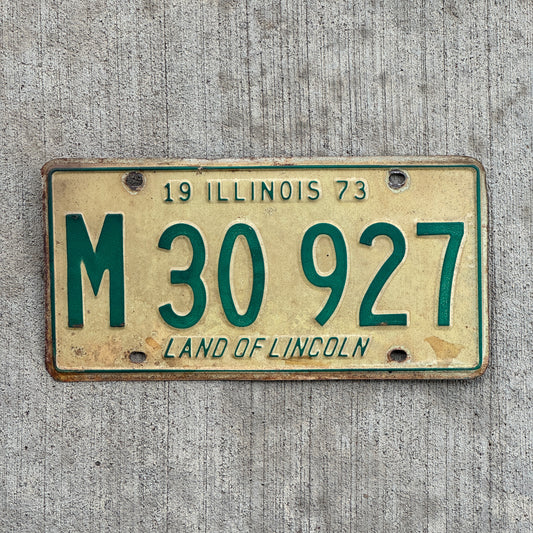 Photo of a 1973 Illinois Municipal License Plate Auto Tag 2 Vintage Garage M 30 927 with original patina