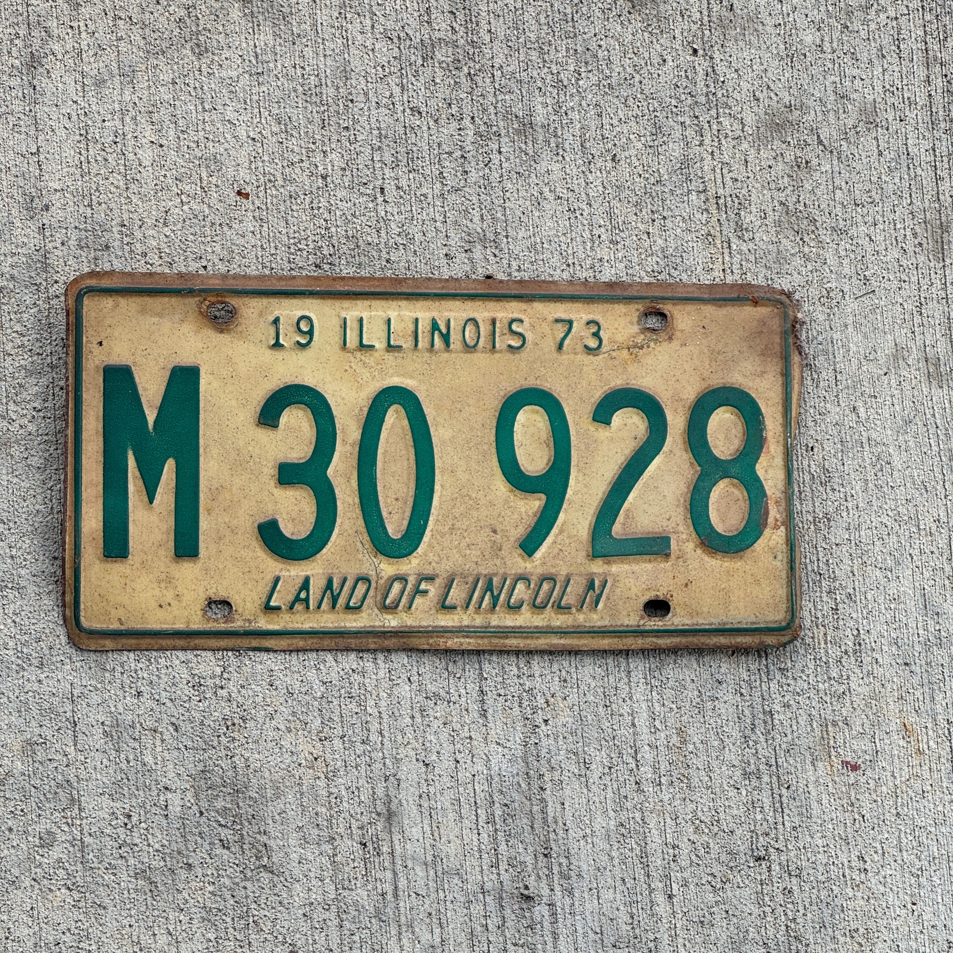 Photo of a 1973 Illinois Municipal License Plate Auto Tag Garage Decor Vintage M 30 928 with original patina
