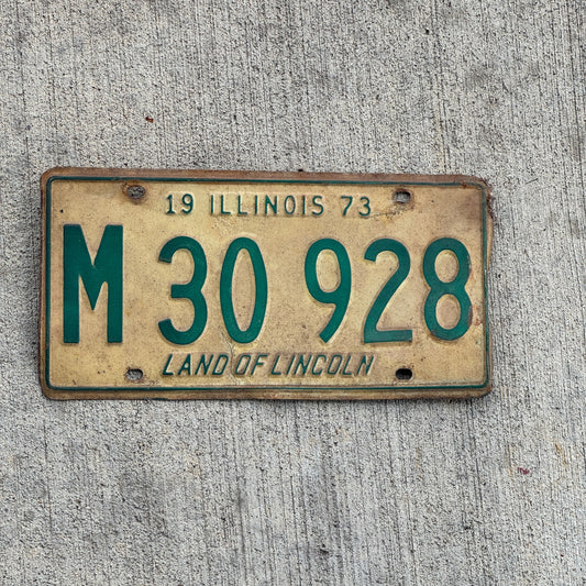 Photo of a 1973 Illinois Municipal License Plate Auto Tag Garage Decor Vintage M 30 928 with original patina
