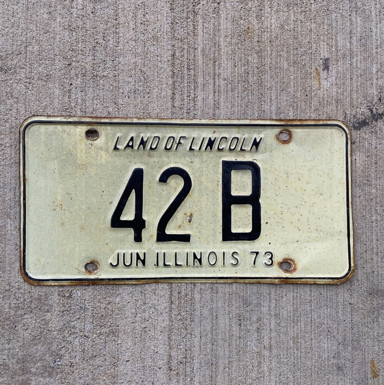 Photo of a 1973 Illinois Truck License Plate Auto Tag Garage Decor Vintage Low Number Two Digit 42 B with original patina
