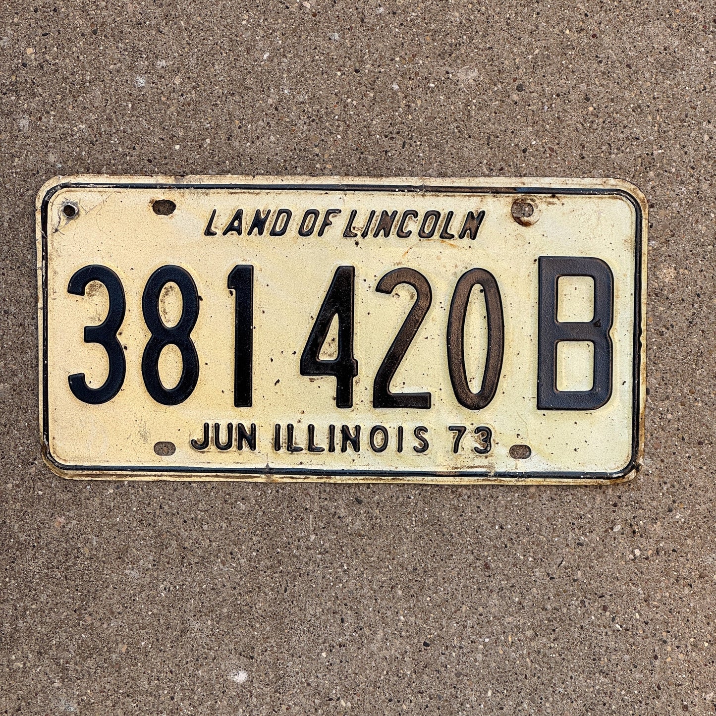 Photo of a 1973 Illinois Truck License Plate Auto Tag Garage Decor Vintage Weed Smoke 381 420 B with original patina