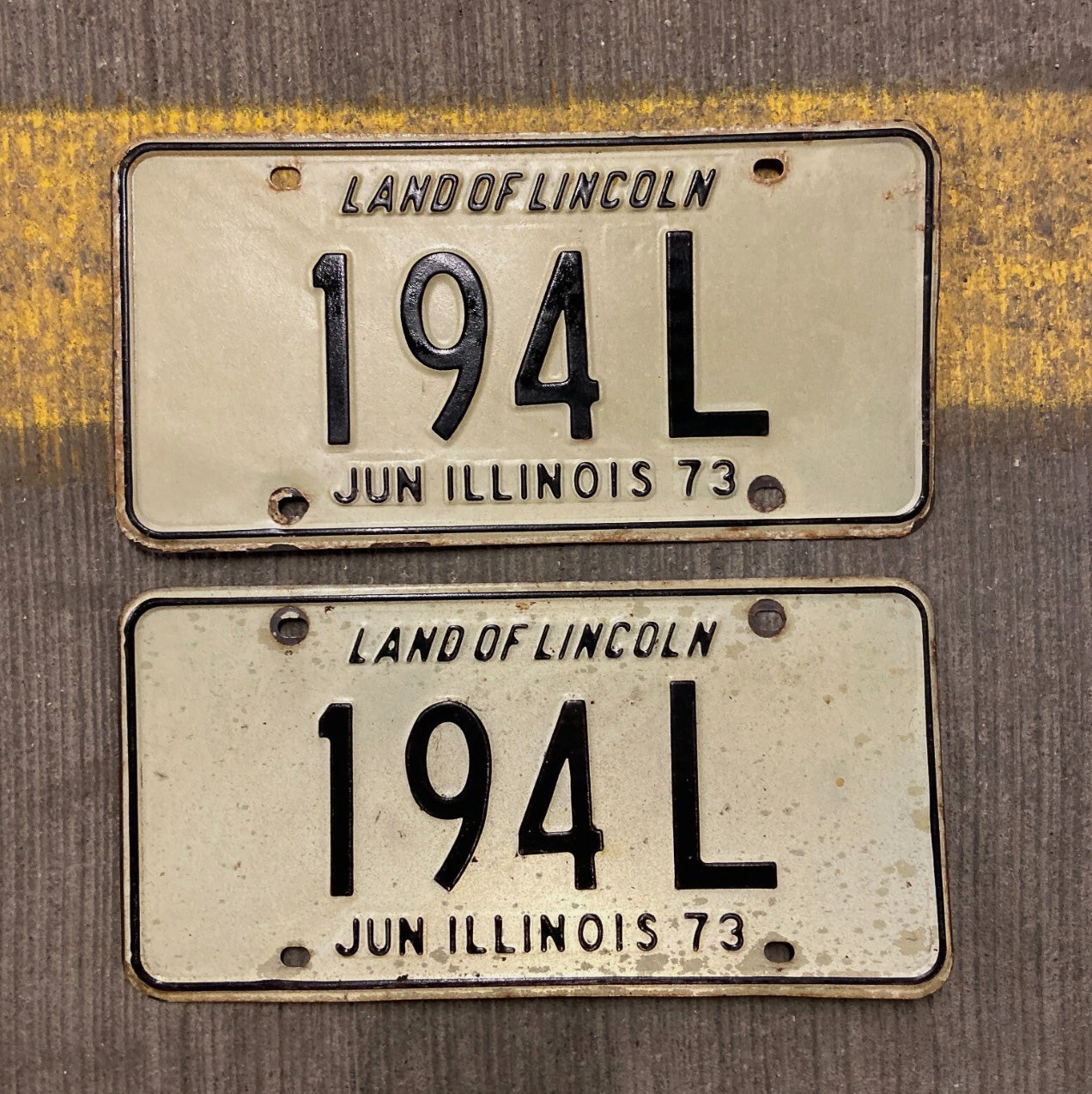 Photo of a 1973 Illinois Truck License Plate Pair Auto Tag Garage Decor Vintage 194 L with original patina