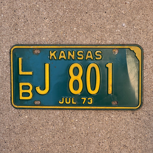 Photo of a 1973 Kansas License Plate Auto Tag Garage Decor Vintage LB J 801 with original patina