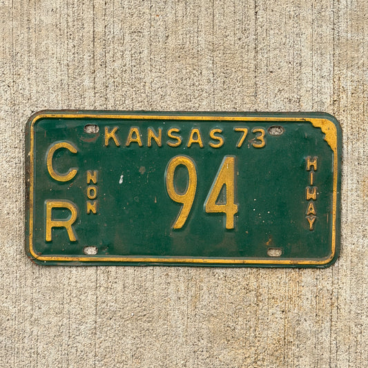 Photo of a 1973 Kansas Non Highway License Plate Auto Tag Garage Decor Vintage CR 94 with original patina
