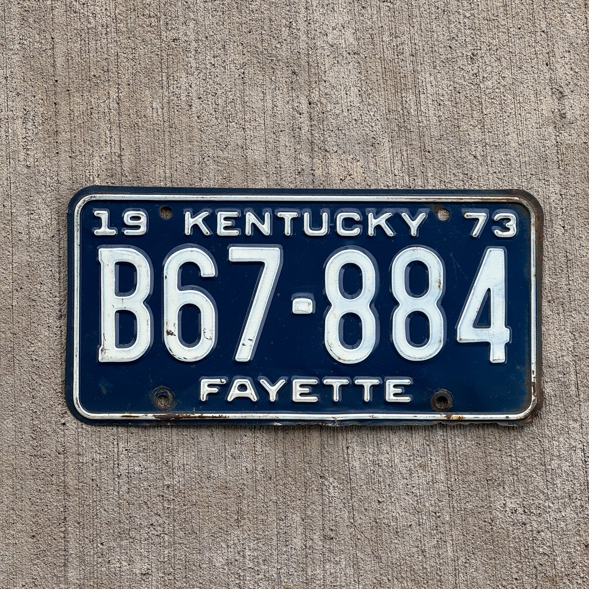 Photo of a 1973 Kentucky License Plate Auto Tag Garage Decor Vintage B 67 884 with original patina