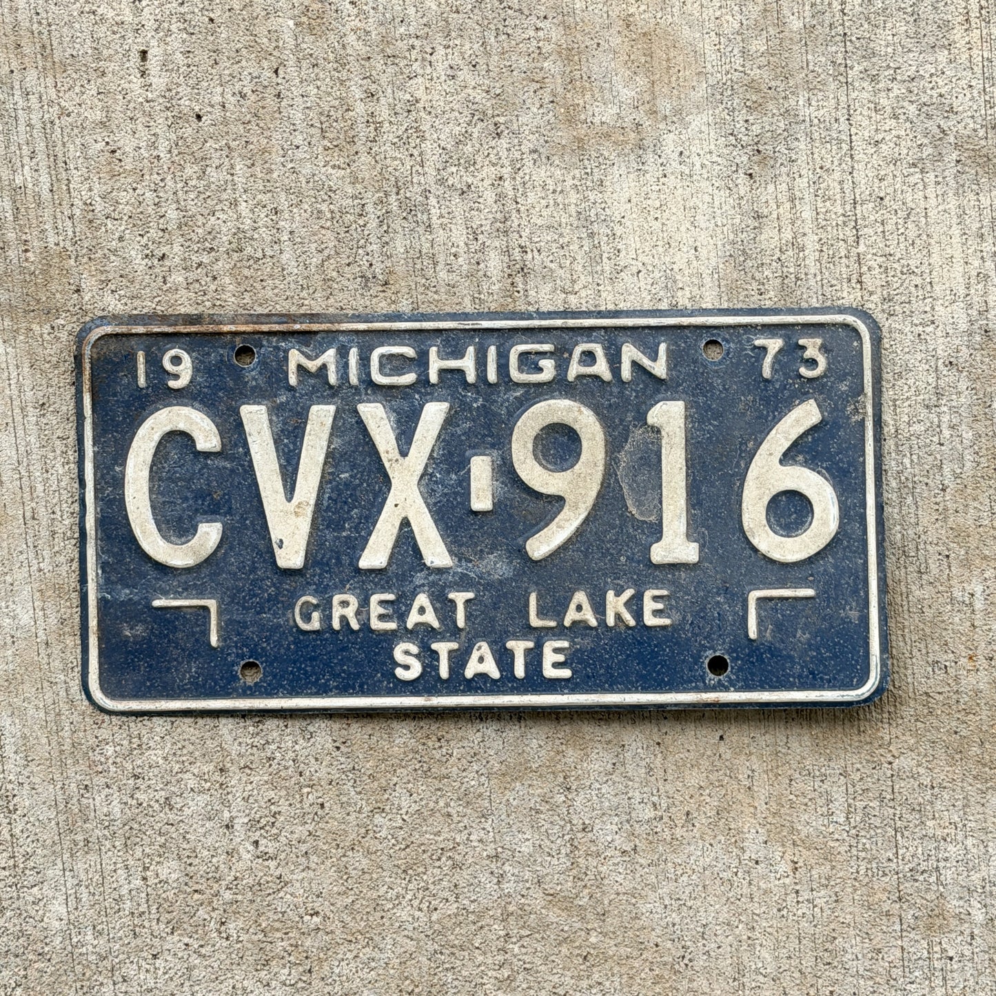 Photo of a 1973 Michigan License Plate Auto Tag Garage Decor Vintage CVX 916 with original patina