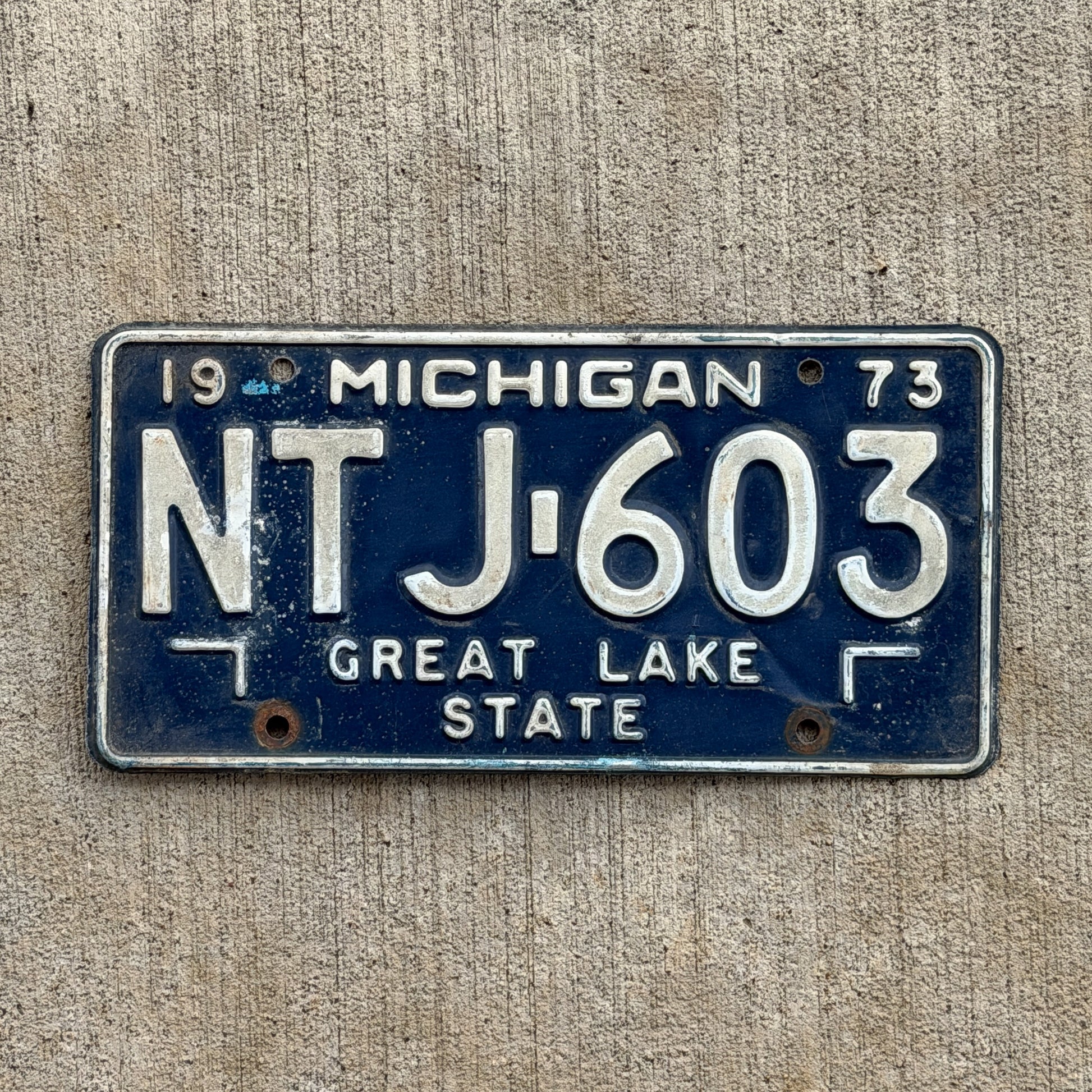 Photo of a 1973 Michigan License Plate Auto Tag Garage Decor Vintage NTJ 603 with original patina