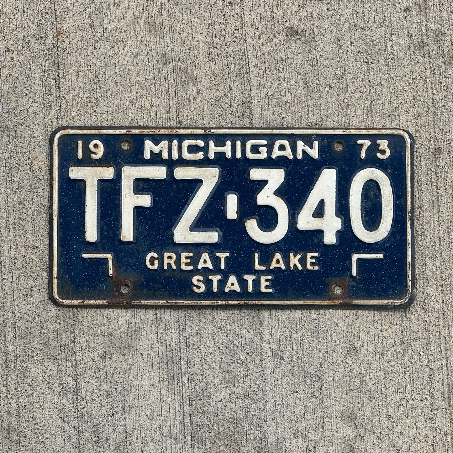 Photo of a 1973 Michigan License Plate Auto Tag Garage Decor Vintage TFZ 340 with original patina