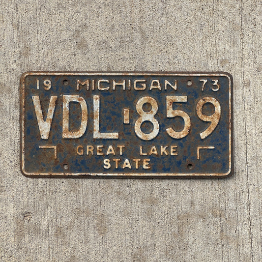Photo of a 1973 Michigan License Plate Auto Tag Garage Decor Vintage VDL 859 with original patina