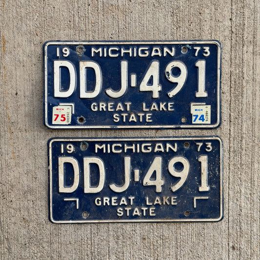 Photo of a 1973 Michigan License Plate Pair Auto Tag Garage Decor Vintage DDJ 491 with original patina