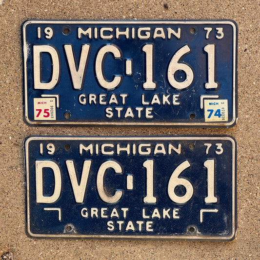 Photo of a 1973 Michigan License Plate Pair Auto Tag Garage Decor Vintage DVC 161