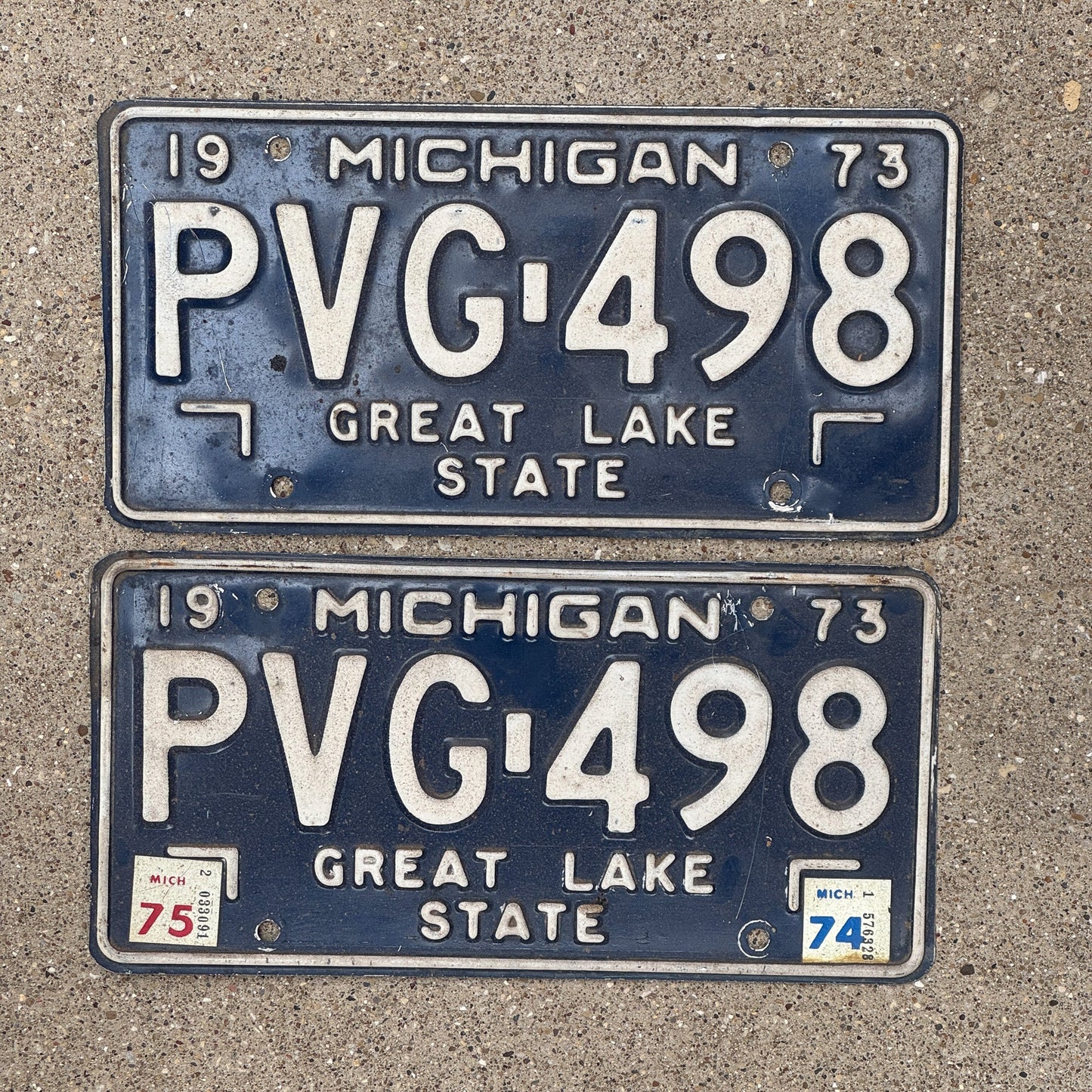 Photo of a 1973 Michigan License Plate Pair Auto Tag Garage Decor Vintage PVG 498