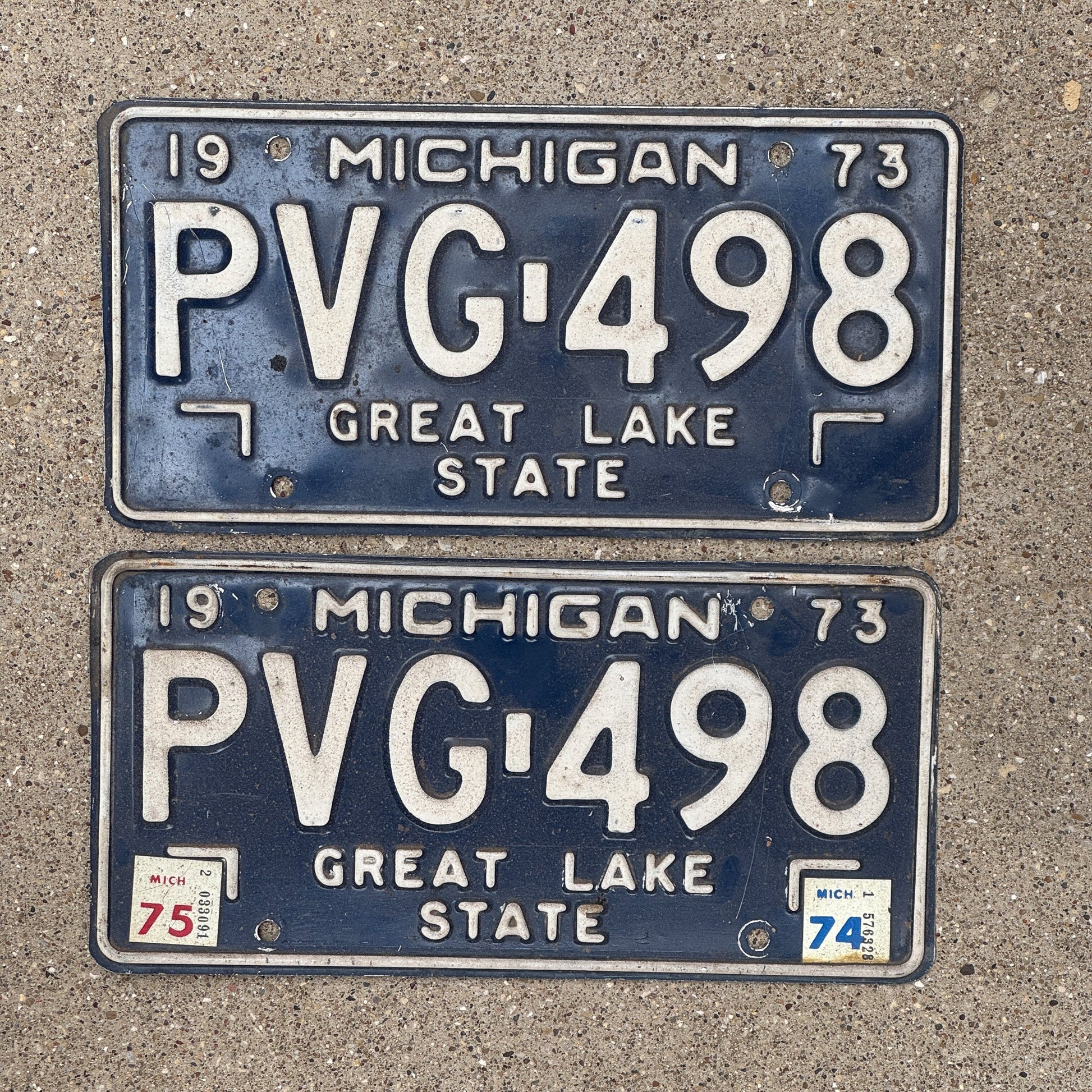 Photo of a 1973 Michigan License Plate Pair Auto Tag Garage Decor Vintage PVG 498