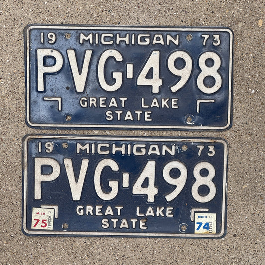 Photo of a 1973 Michigan License Plate Pair Auto Tag Garage Decor Vintage PVG 498