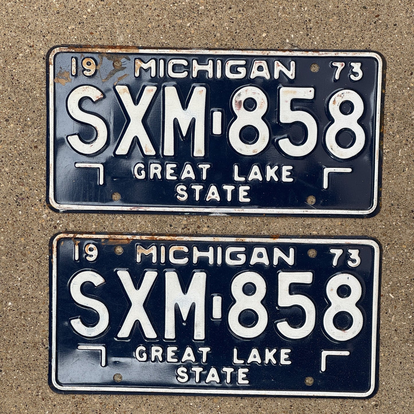 Photo of a 1973 Michigan License Plate Pair Auto Tag Garage Decor Vintage SXM 858