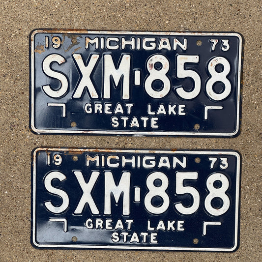 Photo of a 1973 Michigan License Plate Pair Auto Tag Garage Decor Vintage SXM 858
