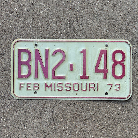 Photo of a 1973 Missouri License Plate Auto Tag Garage Decor Vintage BN 2148