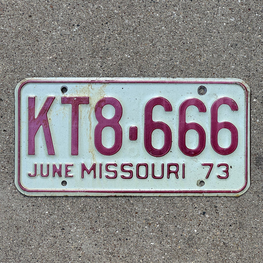 Photo of a 1973 Missouri License Plate Auto Tag Garage Decor Vintage Devil Evil Repeat KT8 666