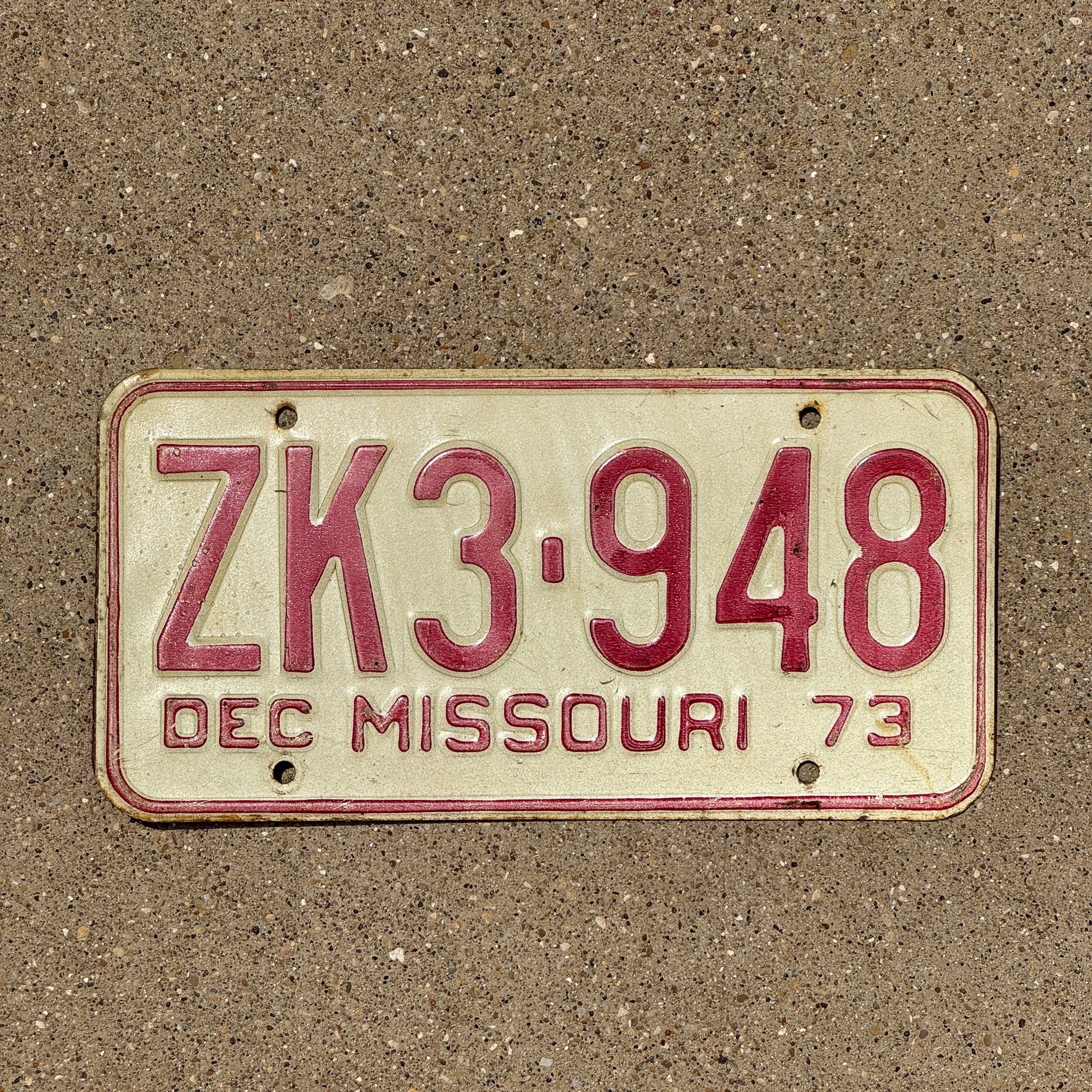 Photo of a 1973 Missouri License Plate Auto Tag Garage Decor Vintage ZK 3948