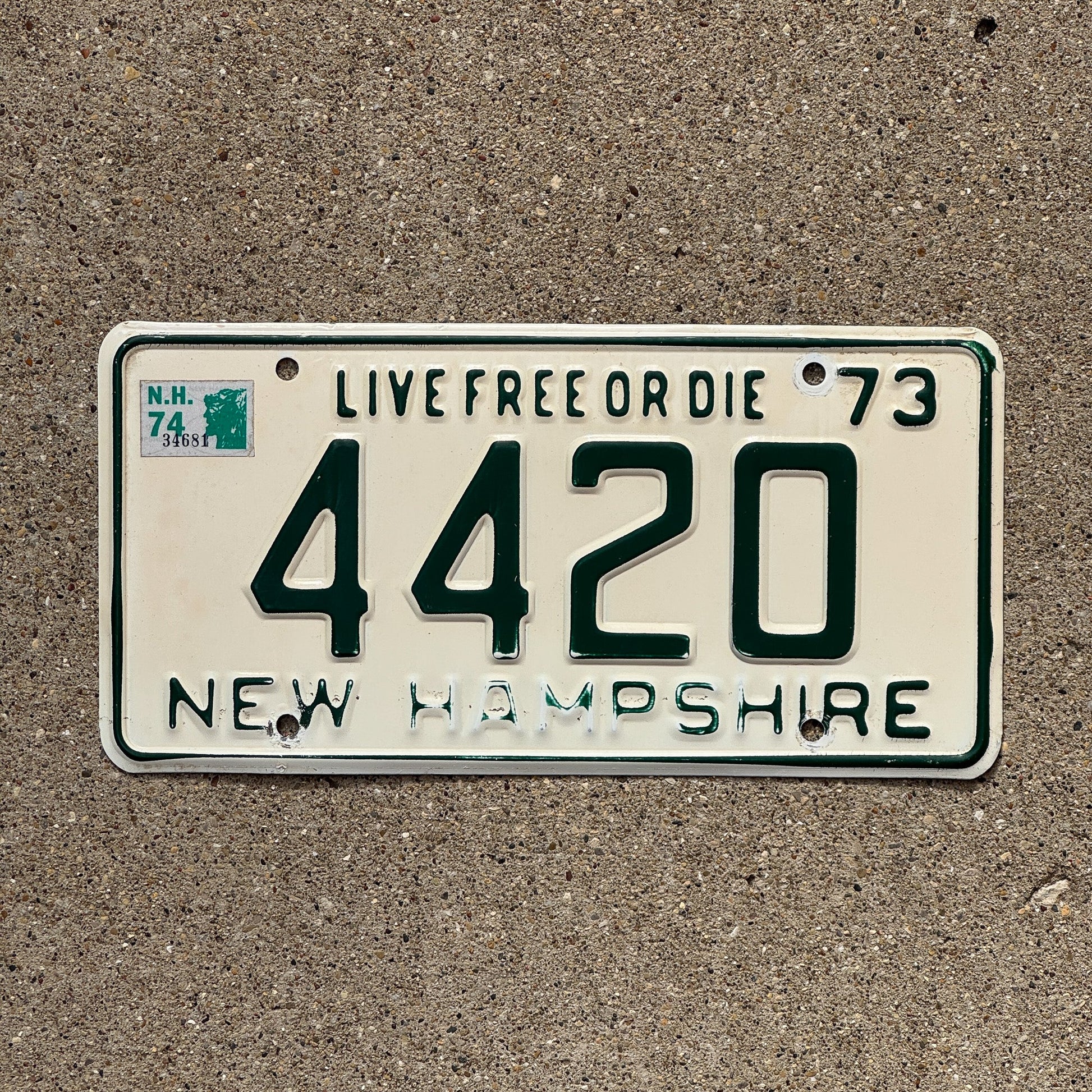 Photo of a 1973 New Hampshire License Plate Auto Tag Garage Decor Vintage Weed Smoke 4420