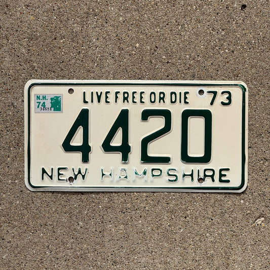 Photo of a 1973 New Hampshire License Plate Auto Tag Garage Decor Vintage Weed Smoke 4420