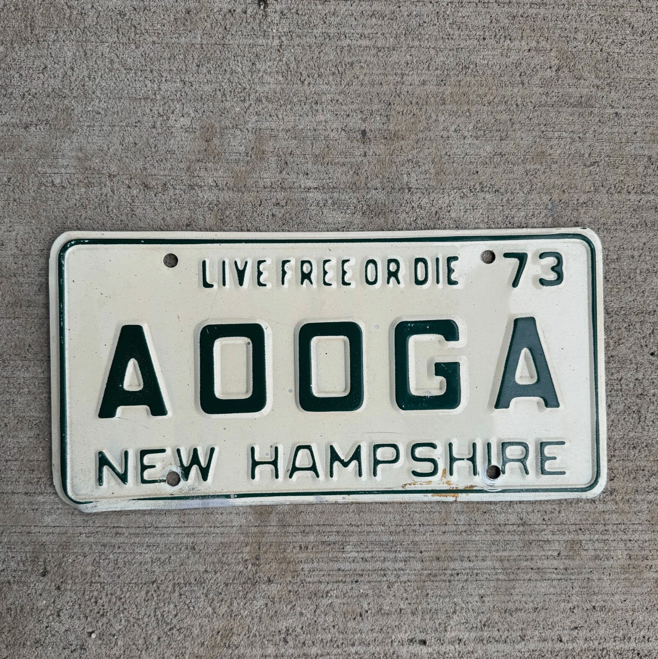 Photo of a 1973 New Hampshire Vanity License Plate Auto Tag Garage Decor Vintage Car Horn AOOGA with original patina