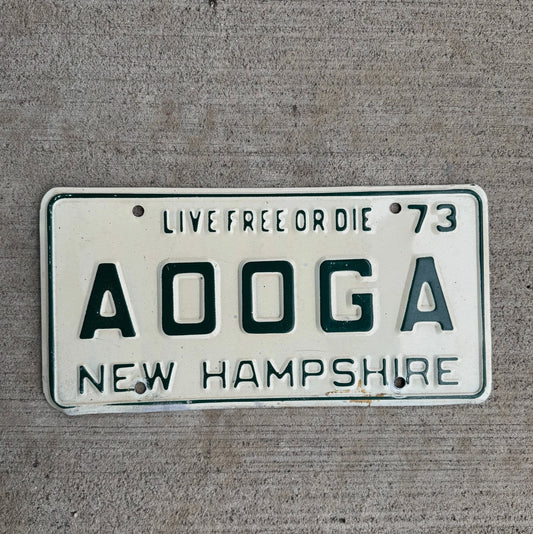 Photo of a 1973 New Hampshire Vanity License Plate Auto Tag Garage Decor Vintage Car Horn AOOGA with original patina
