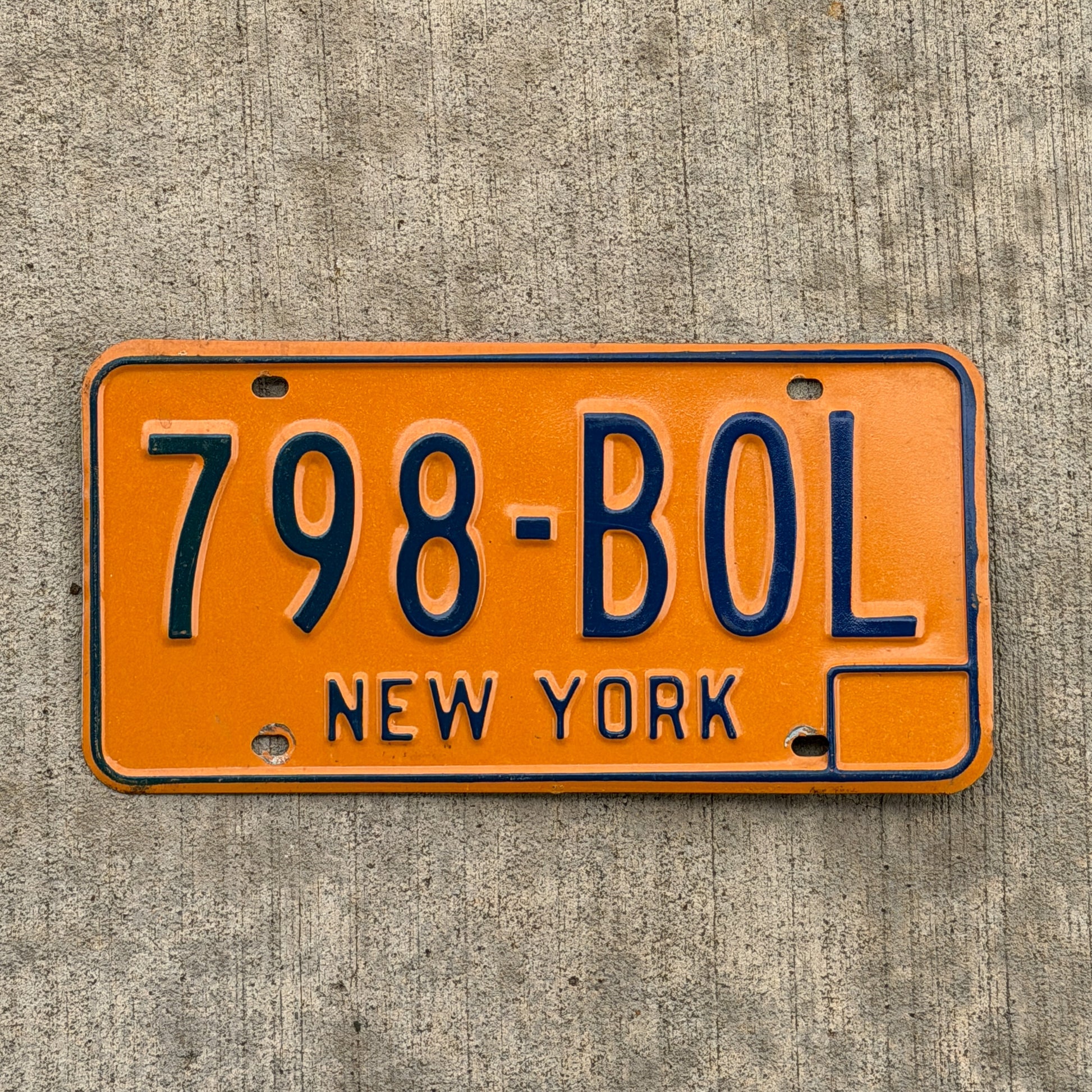 Photo of a 1973 New York License Plate Auto Tag Garage Decor Vintage 798 BOL with original patina
