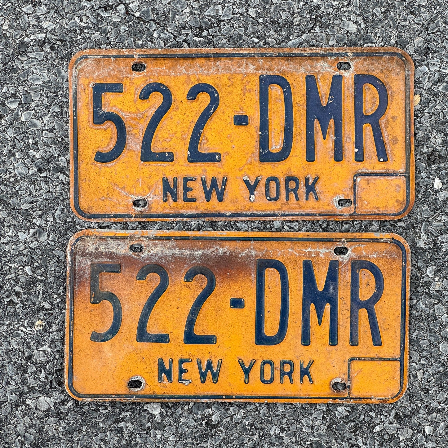 Photo of a 1973 New York License Plate Pair Auto Tag Garage Decor Vintage 522 DMR