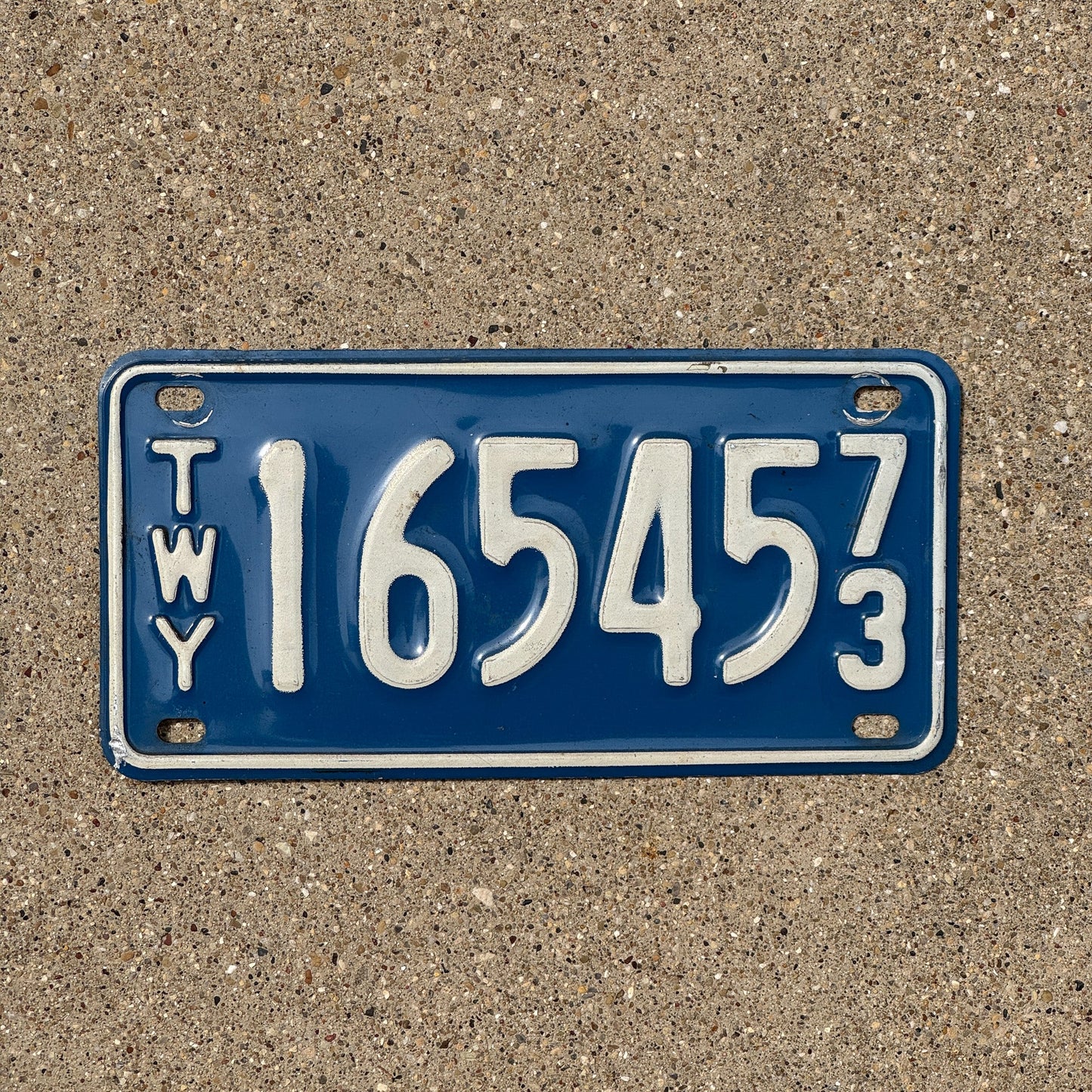 Photo of a 1973 New York Thruway License Plate Auto Tag Garage Decor Vintage 16545