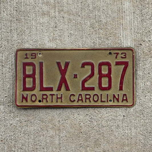 Photo of a 1973 North Carolina License Plate Auto Tag Garage Decor Vintage BLX 287 with original patina