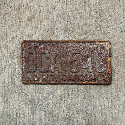 Photo of a 1973 North Carolina License Plate Auto Tag Garage Decor Vintage DCA 540 with original patina