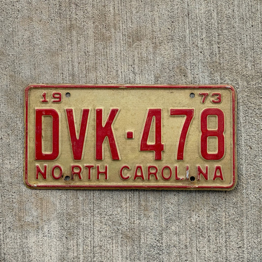 Photo of a 1973 North Carolina License Plate Auto Tag Garage Decor Vintage DVK 478 with original patina