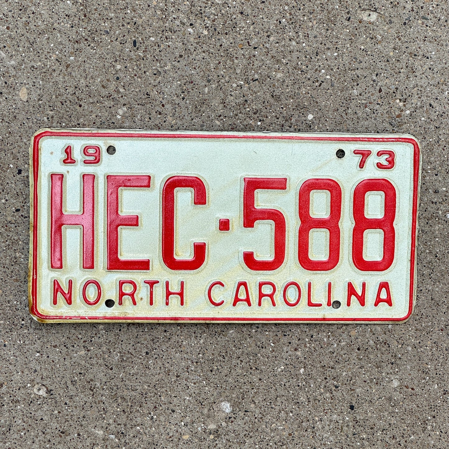Photo of a 1973 North Carolina License Plate Auto Tag Garage Decor Vintage HEC 588