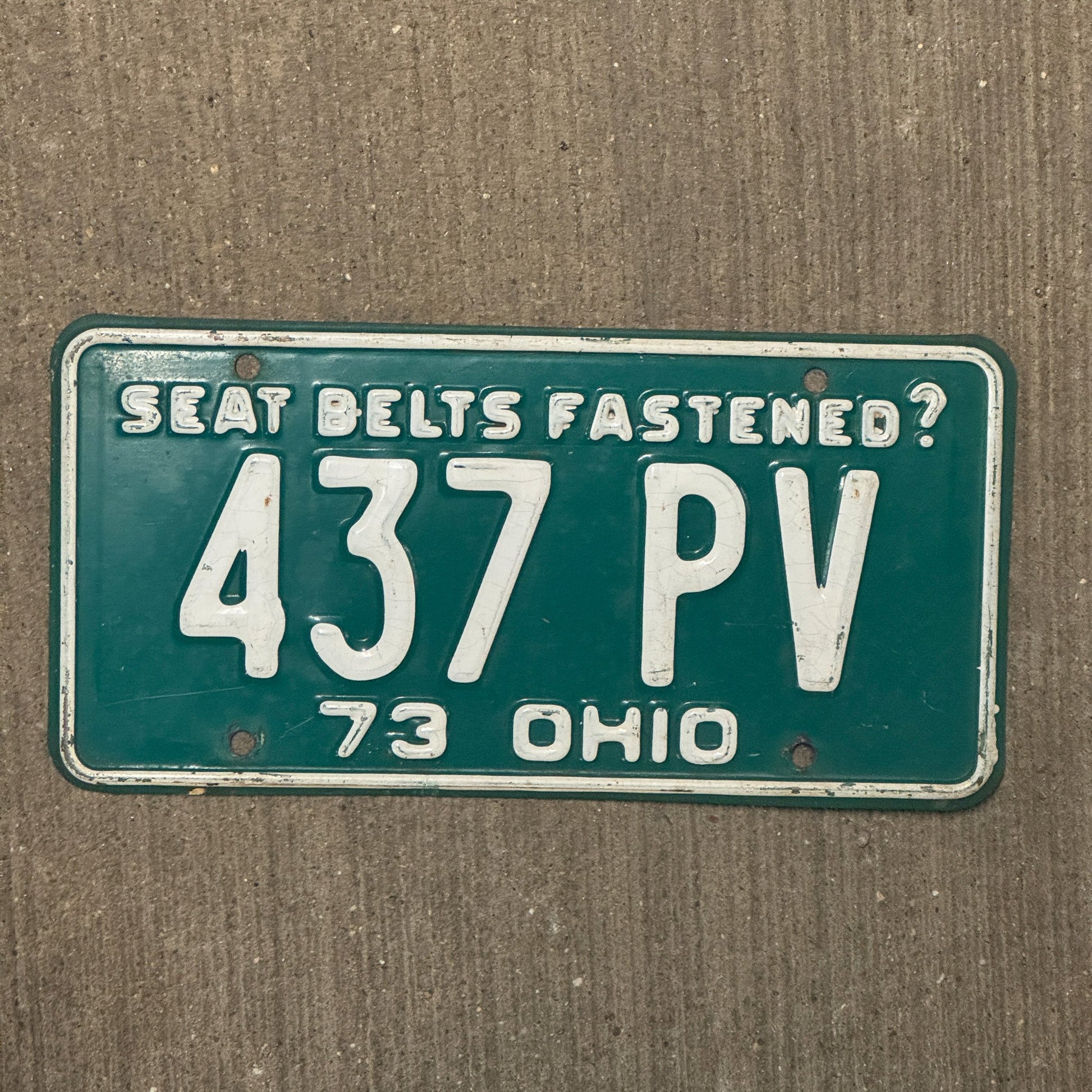Photo of a 1973 Ohio License Plate Auto Tag Garage Decor Vintage 437 PV with original patina