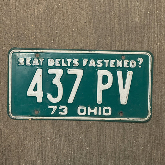 Photo of a 1973 Ohio License Plate Auto Tag Garage Decor Vintage 437 PV with original patina