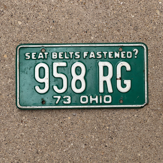 Photo of a 1973 Ohio License Plate Auto Tag Garage Decor Vintage 958 RG with original patina