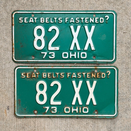 Photo of a 1973 Ohio License Plate Pair Auto Tag Garage Decor Vintage 82 XX with original patina