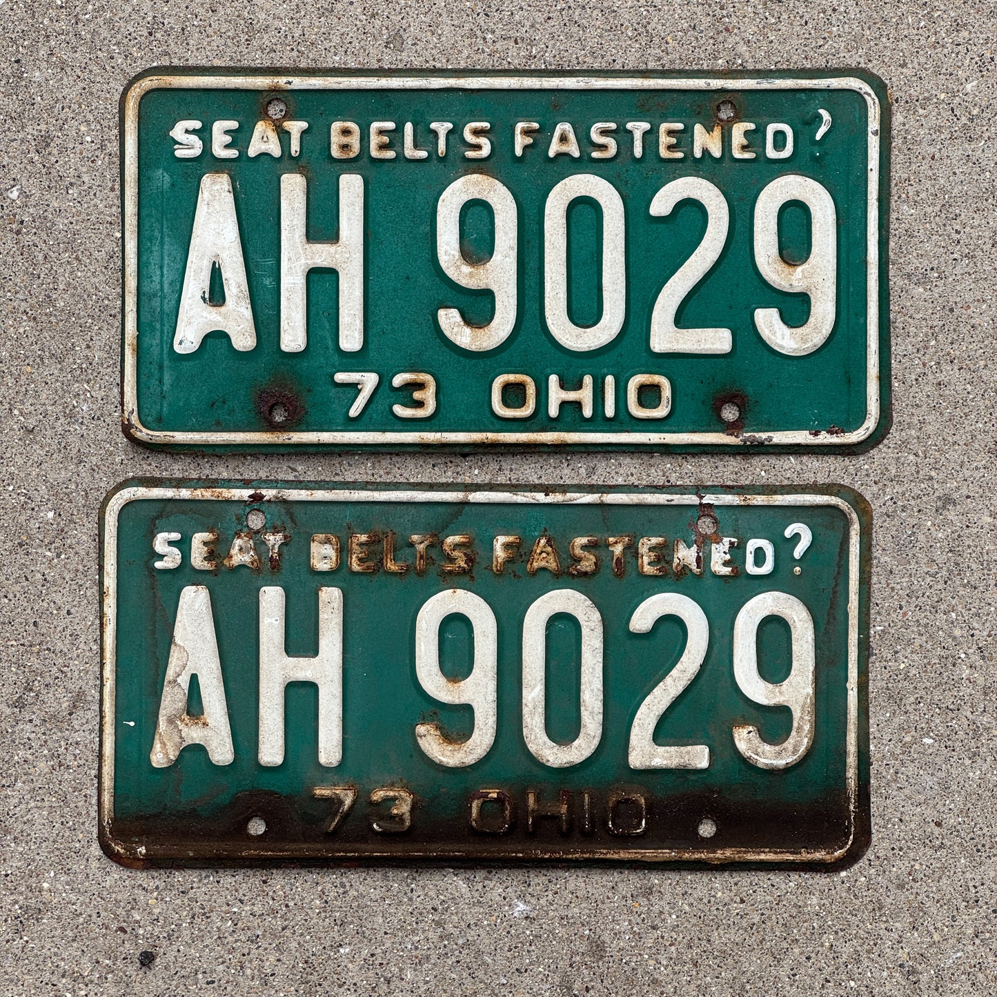 Photo of a 1973 Ohio License Plate Pair Auto Tag Garage Decor Vintage AH 9029 with original patina
