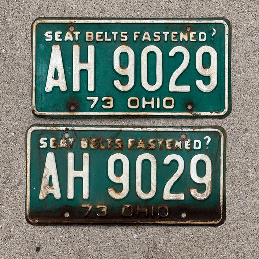 Photo of a 1973 Ohio License Plate Pair Auto Tag Garage Decor Vintage AH 9029 with original patina