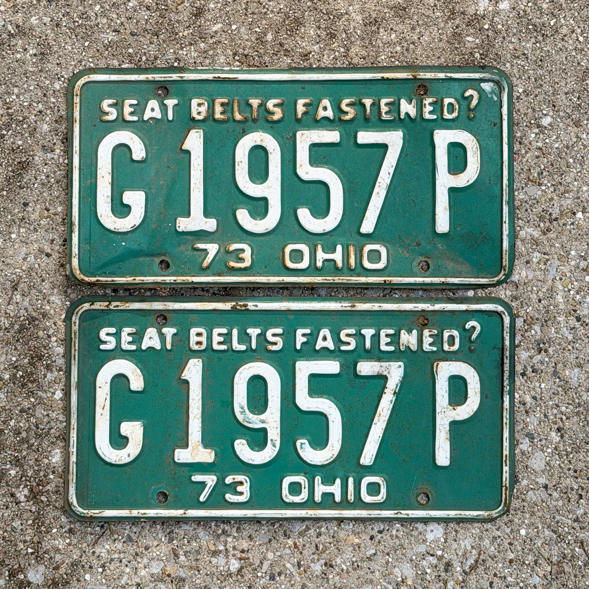Photo of a 1973 Ohio License Plate Pair Auto Tag Garage Decor Vintage G 1957 P with original patina
