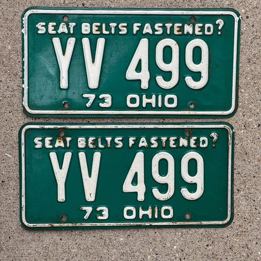 Photo of a 1973 Ohio License Plate Pair Auto Tag Garage Decor Vintage YV 499 with original patina