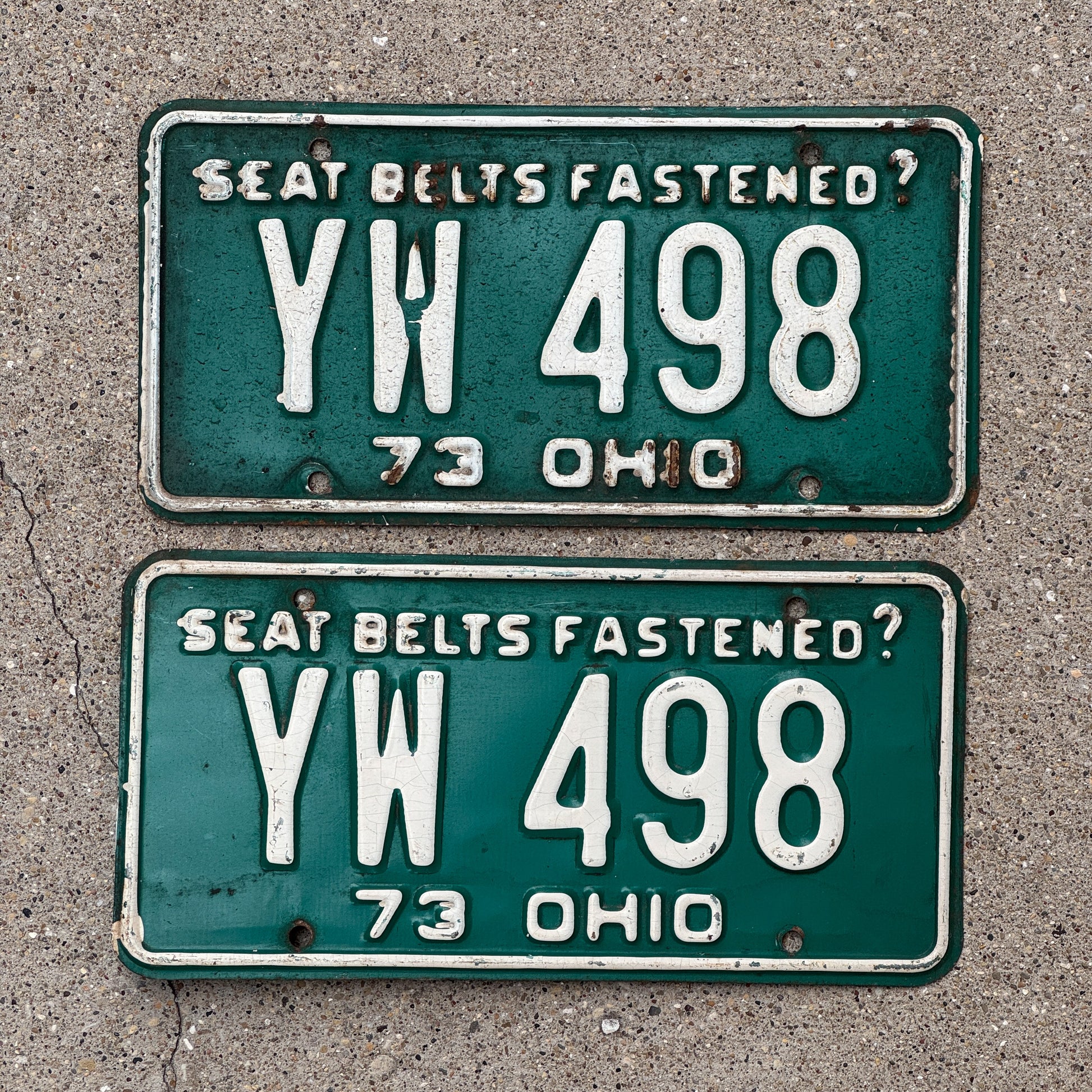 Photo of a 1973 Ohio License Plate Pair Auto Tag Garage Decor Vintage YW 498 with original patina
