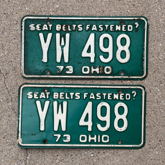 Photo of a 1973 Ohio License Plate Pair Auto Tag Garage Decor Vintage YW 498 with original patina