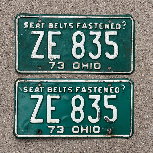 Photo of a 1973 Ohio License Plate Pair Auto Tag Garage Decor Vintage ZE 835 with original patina