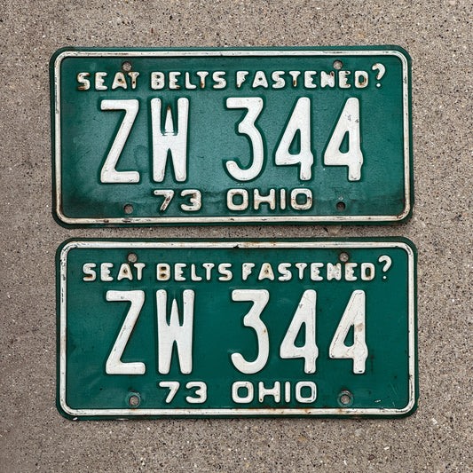 Photo of a 1973 Ohio License Plate Pair Auto Tag Garage Decor Vintage ZW 344 with original patina