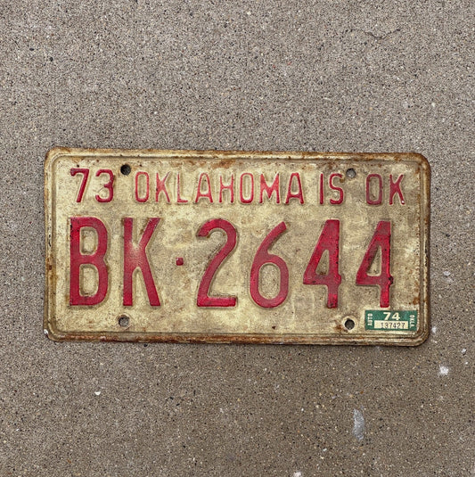 Photo of a 1973 Oklahoma License Plate Auto Tag Garage Decor Vintage BK 2644